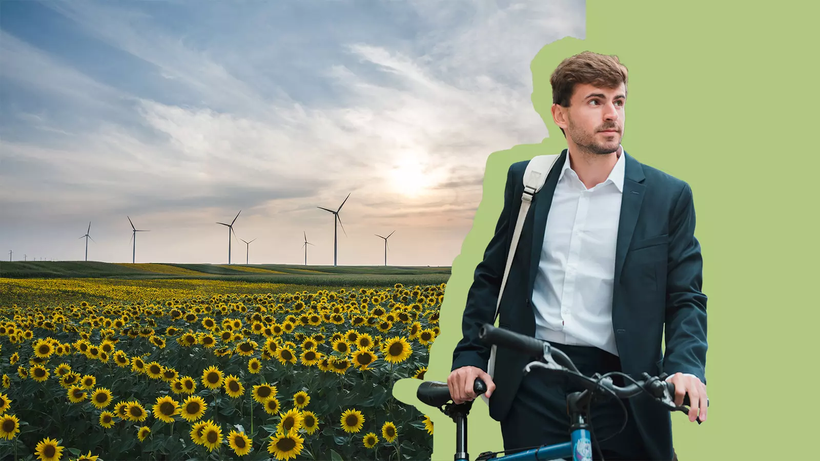 Reden ist silber Machen ist Grün KeyVisual Mann mit Fahrrad vor Sonnenblumen und Windrädern